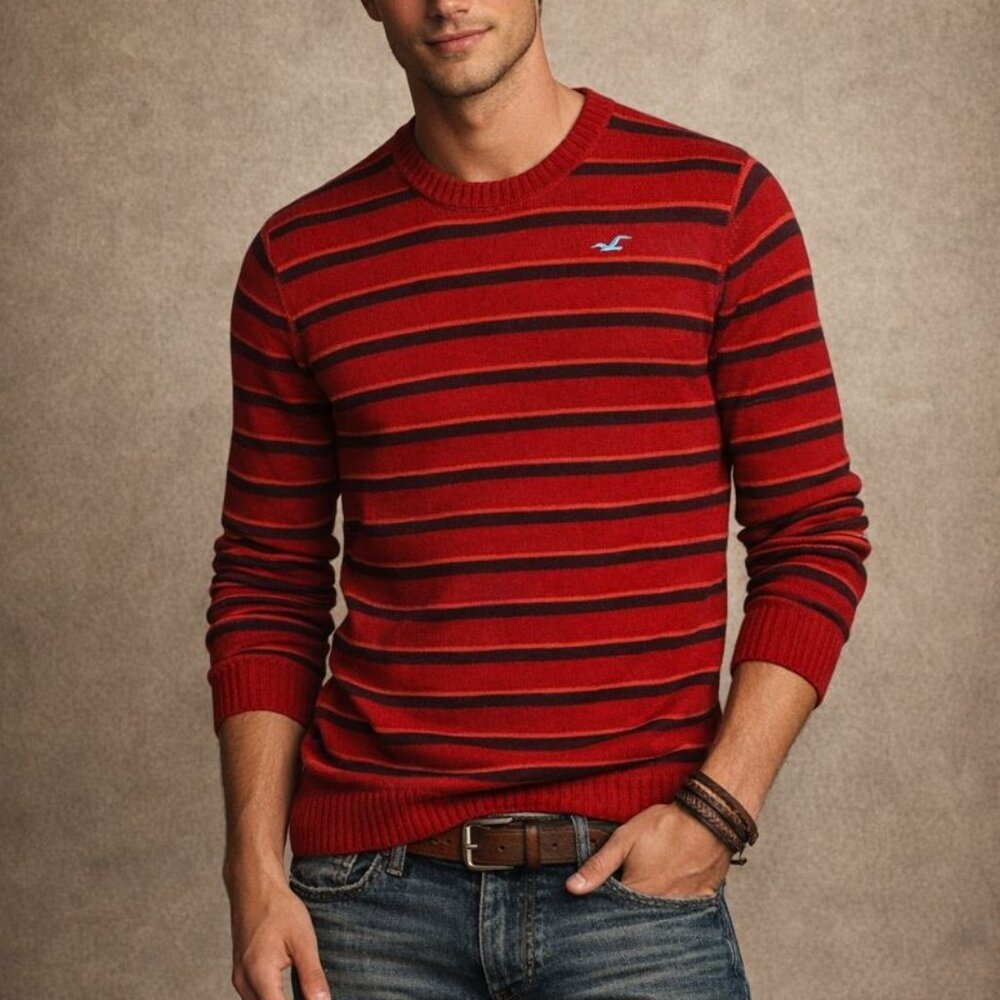 Vintage 00s Y2K Hollister Men's L Red Orange Striped Cotton Knit Crew Sweater